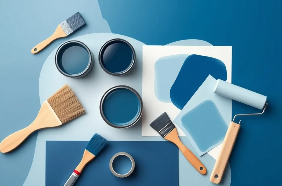 Pots de peinture, nuancier, brosses et rouleaux disposés à plat