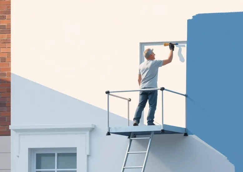Peintre sur échafaudage traitant la façade d'une maison