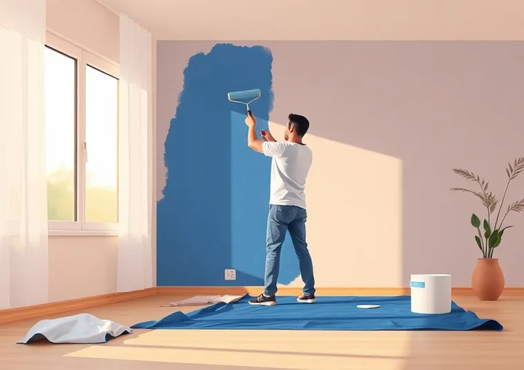 Peintre appliquant la peinture au rouleau sur un mur de salon